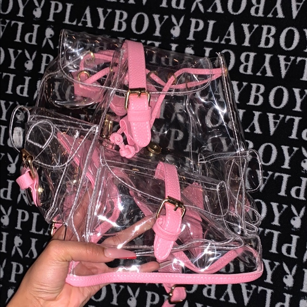 ☁️💕CLEAR MINI BOOKBAG WITH PINK STRAPS💕☁️